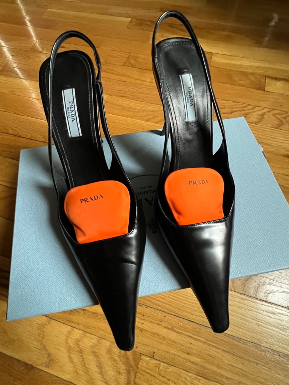 Prada Danem Women's Black Leather Slingback Pumps with Orange Accent. Sz. 40. - Picture 2 of 8